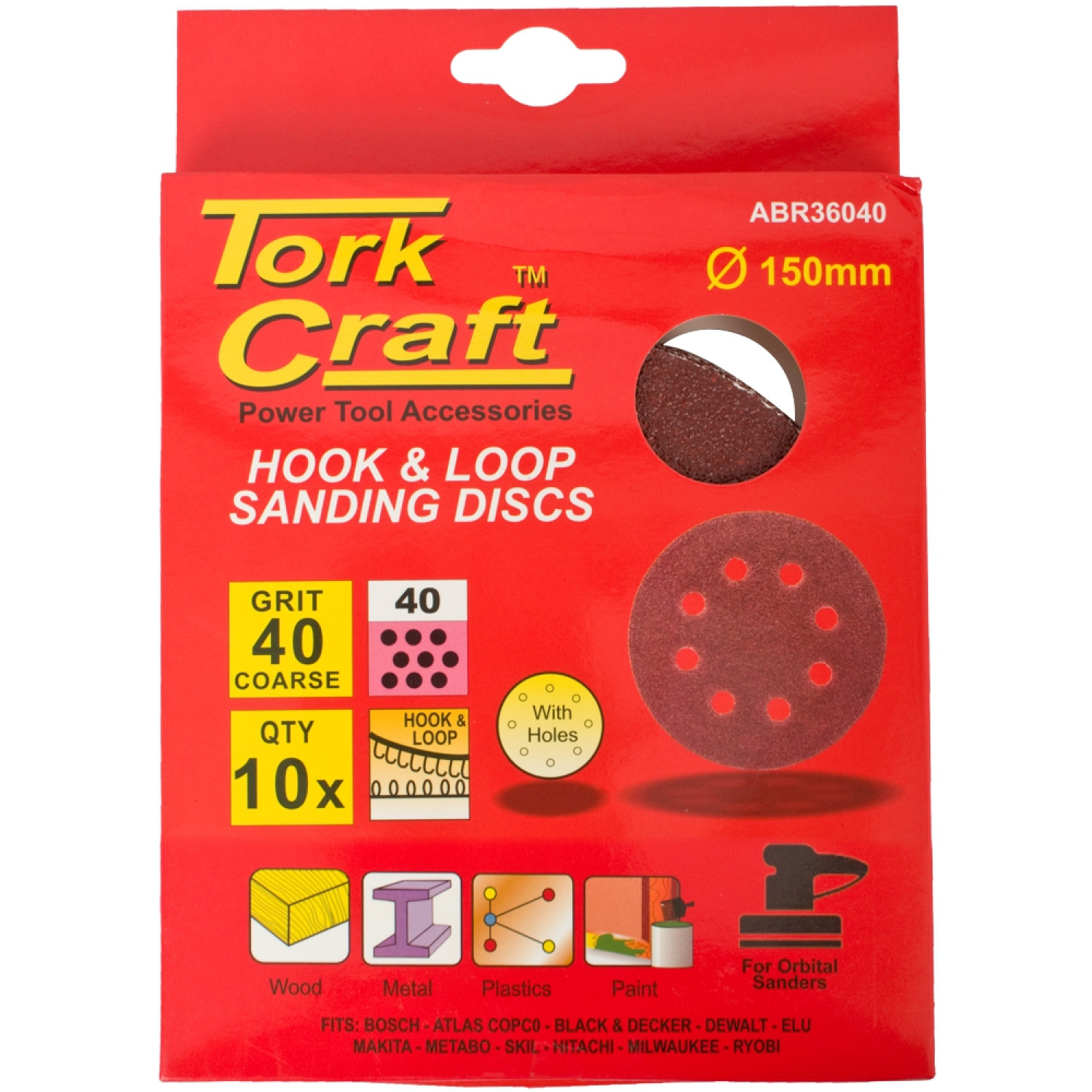 Sanding Disc 150mm 40 Grit With Holes 10/pk Hook And Loop