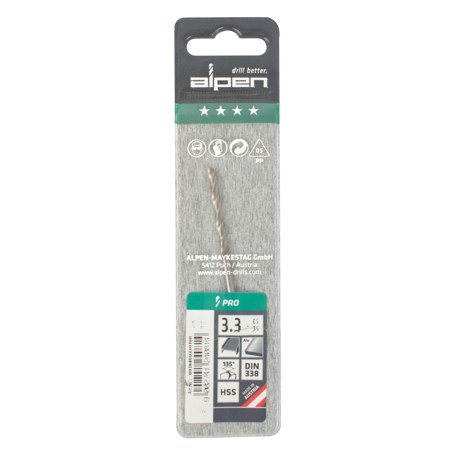 ALPEN Pro Hss 3.3mm Drill Din 338 Rn 135 Split Point Plastic Wallet (