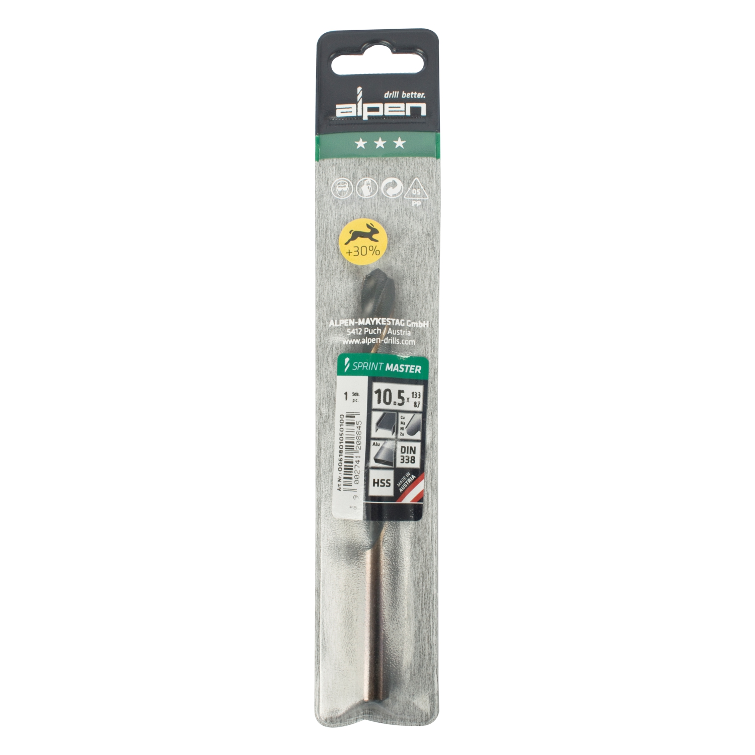 Hss Sprint Master 10.5mm X1 Sleeved Din338 ALPEN Drill Bit