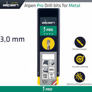 ALPEN Pro 3.0mm Hss Drill Din 338 Rn 135 With Split Point Bulk