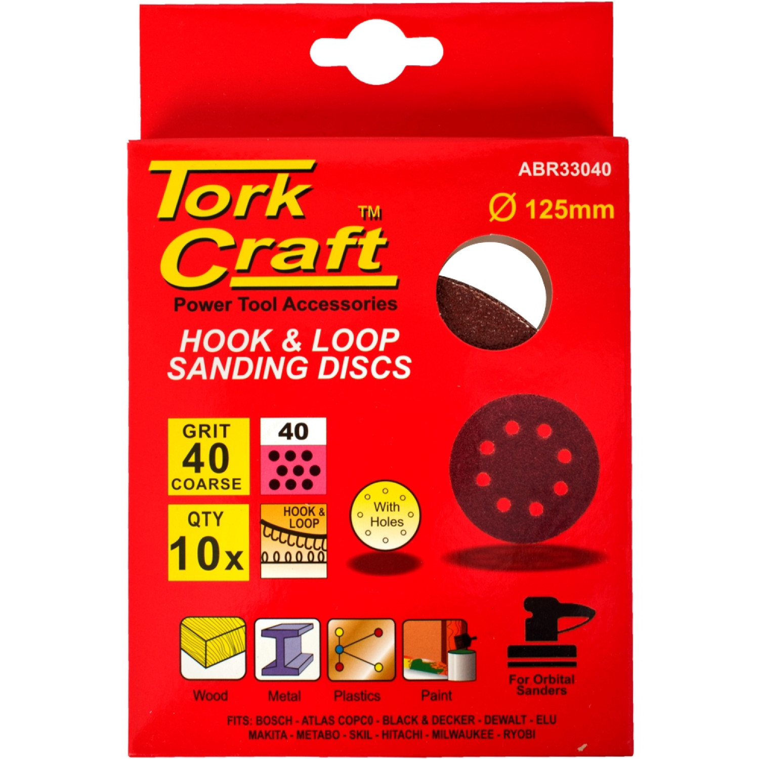 Sanding Disc 125mm 40 Grit With Holes 10/pk Hook And Loop