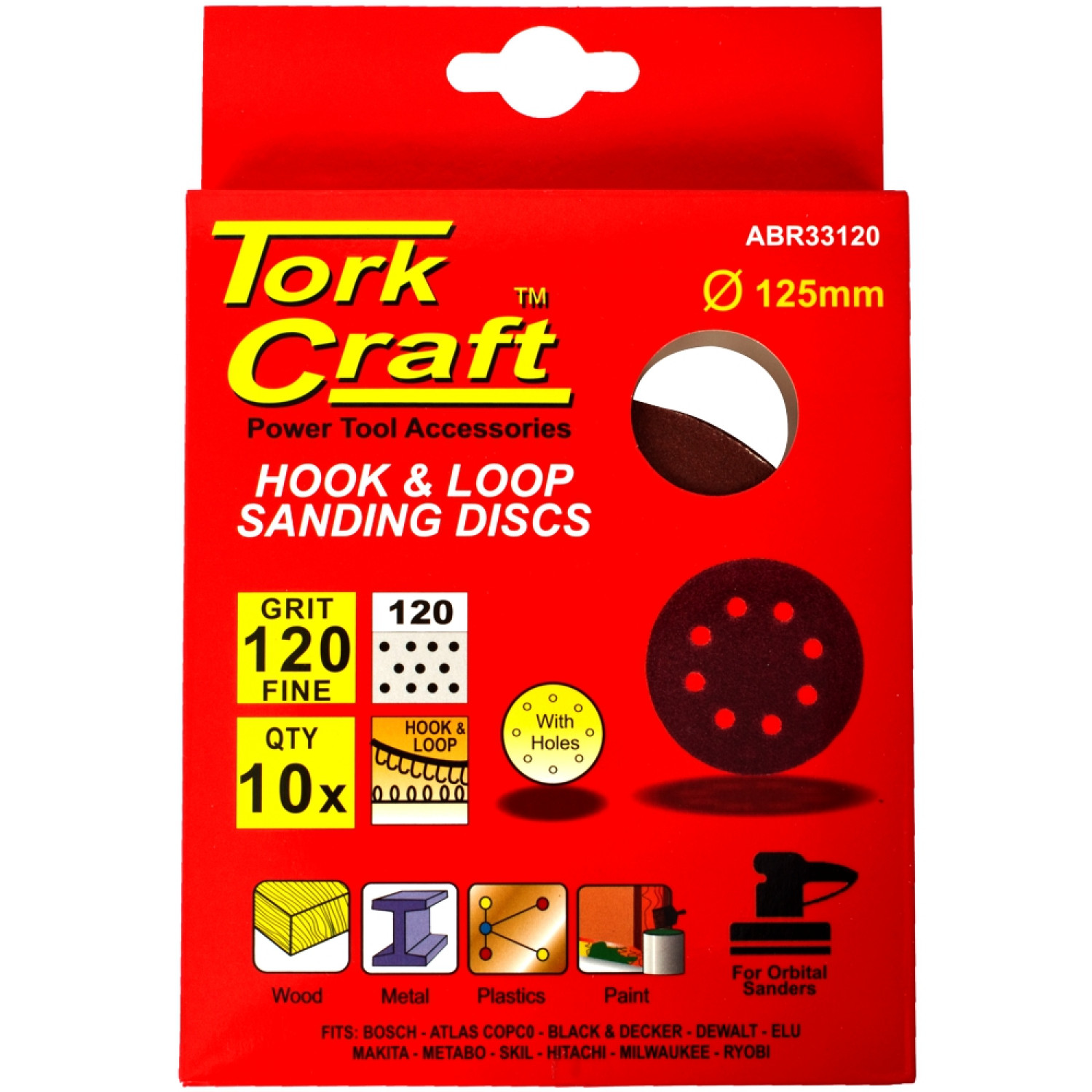 Sanding Disc 125mm 120 Grit With Holes 10/pk Hook And Loop
