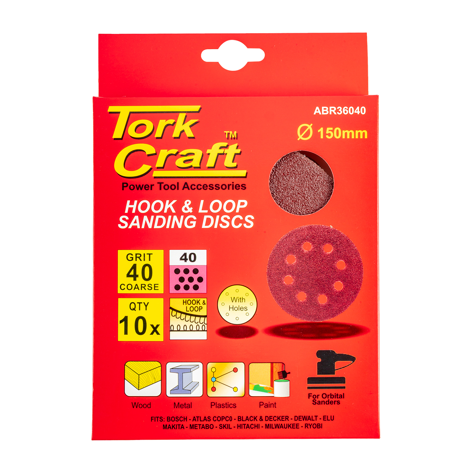 Sanding Disc 150mm 40 Grit With Holes 10/pk Hook And Loop