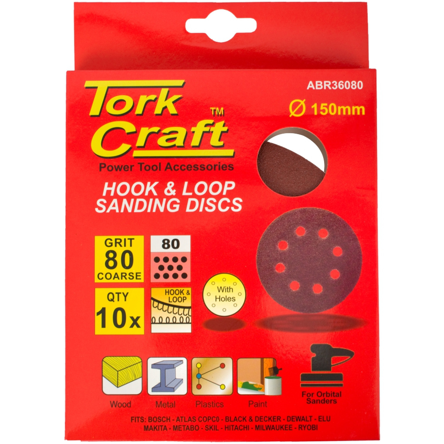 Sanding Disc 150mm 80 Grit With Holes 10/pk Hook And Loop