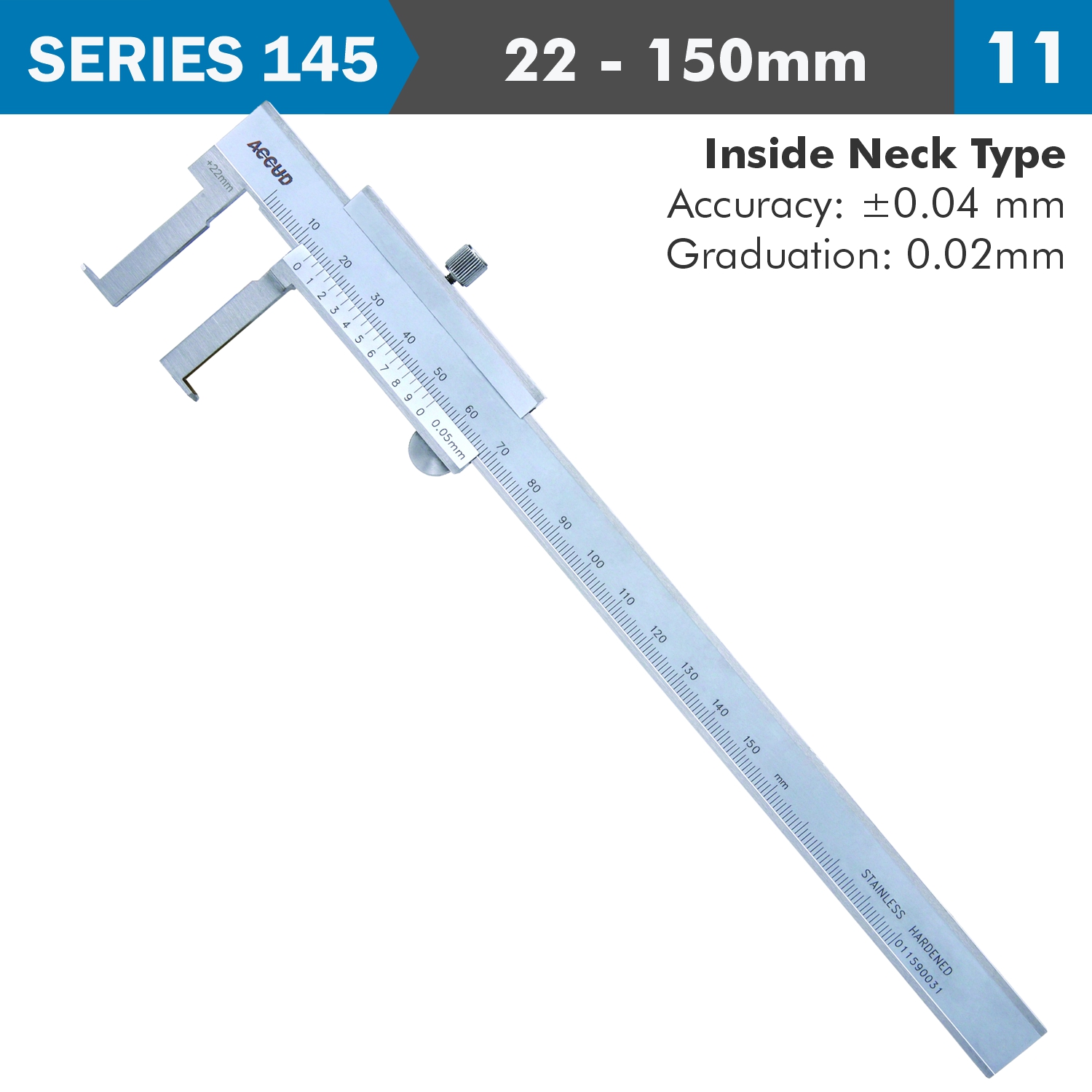 Vernier Caliper 22-150mm 0.04mm Acc. 0.02mm Grad. Inside Neck S/steel