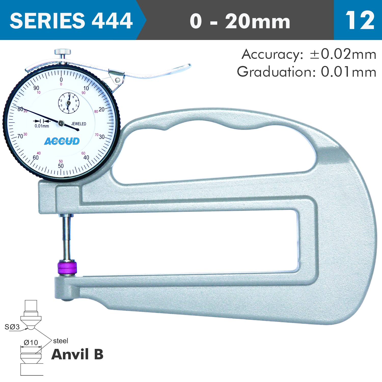 Thickness Gauge 20mm 0.03mm Acc. Large Depth Steel Anvil 0.01mm Grad.