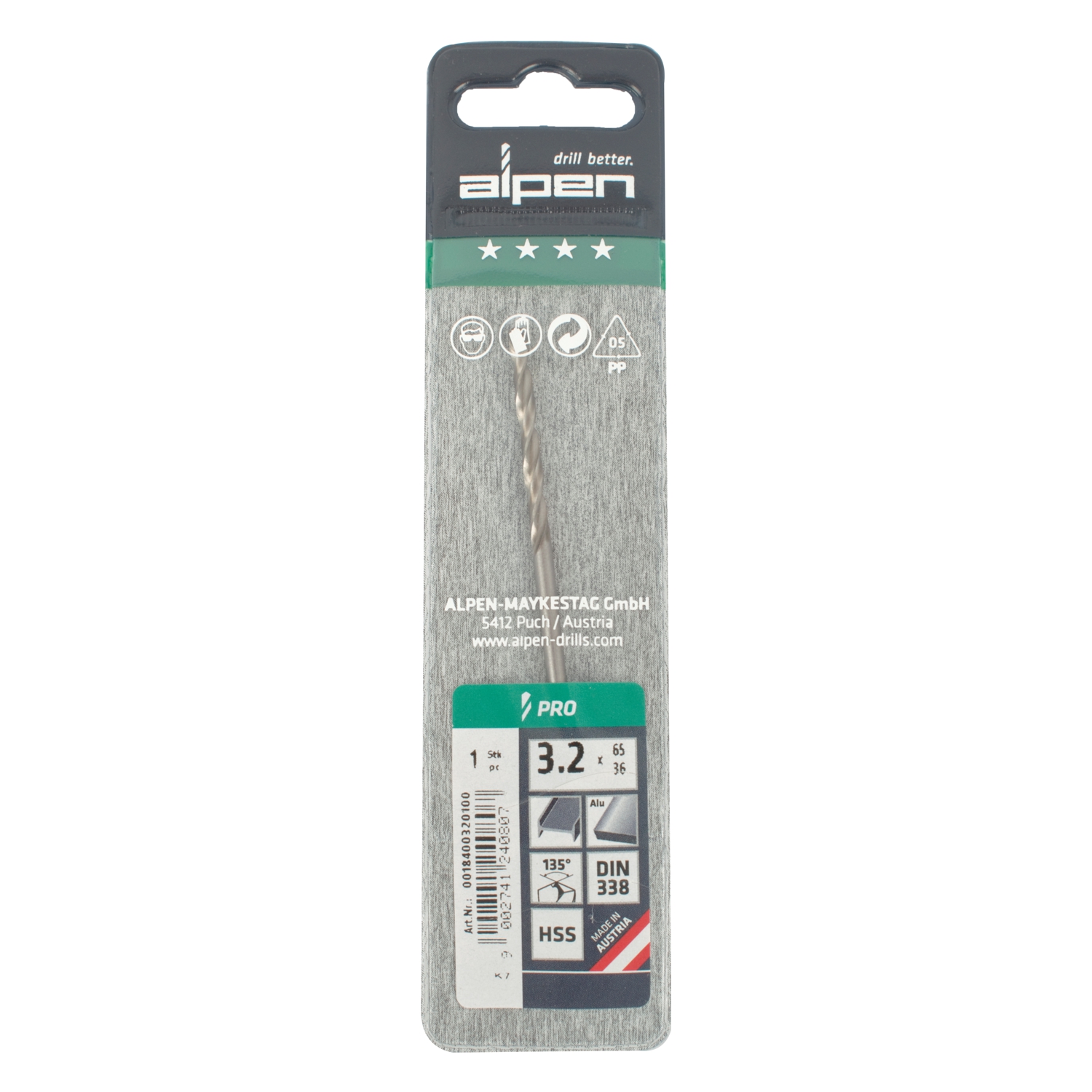 ALPEN Pro Hss 3.2mm Drill Din 338 Rn 135 Split Point Plastic Wallet (
