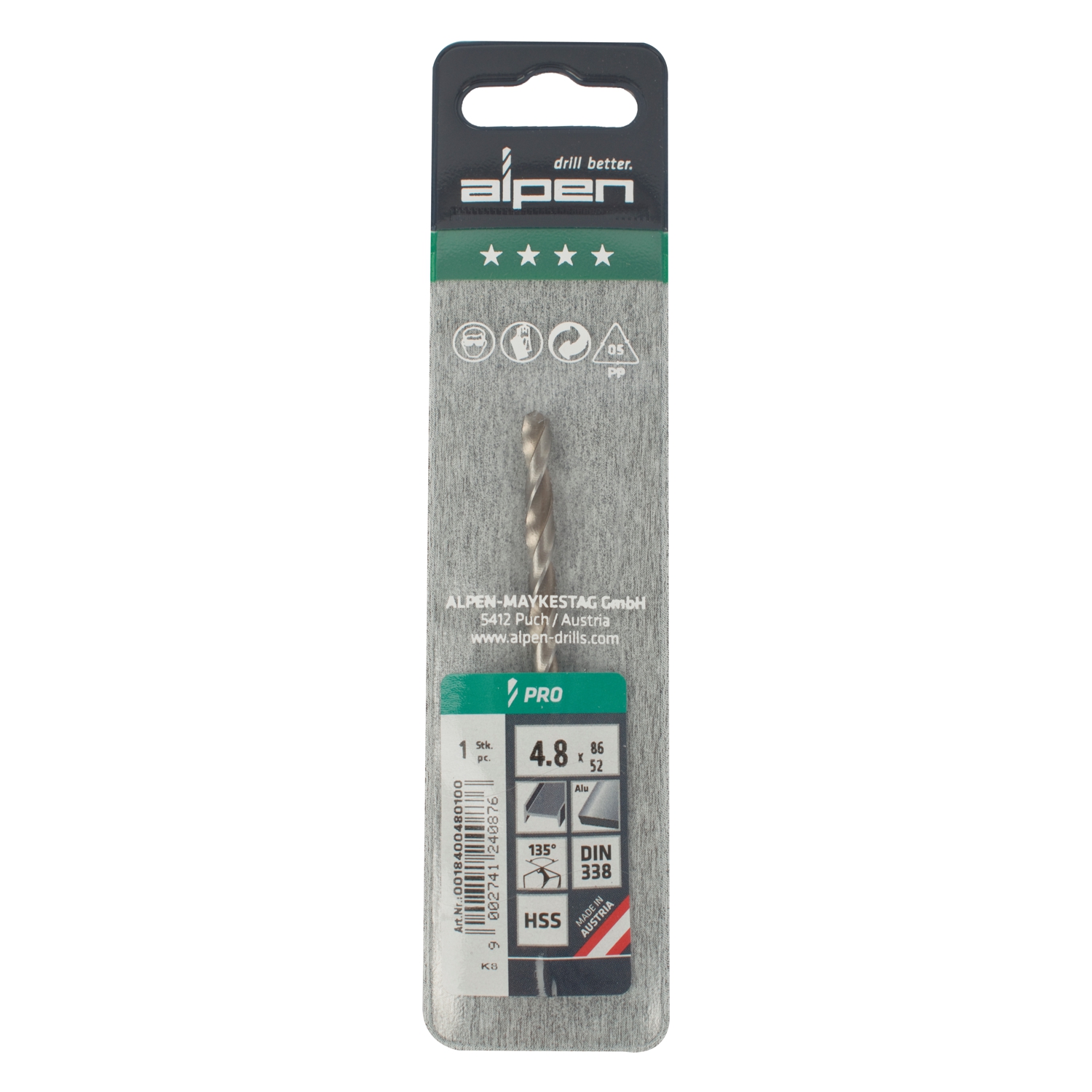 ALPEN Pro Hss 4.8mm Drill Din 338 Rn 135 Split Point Plastic Wallet (