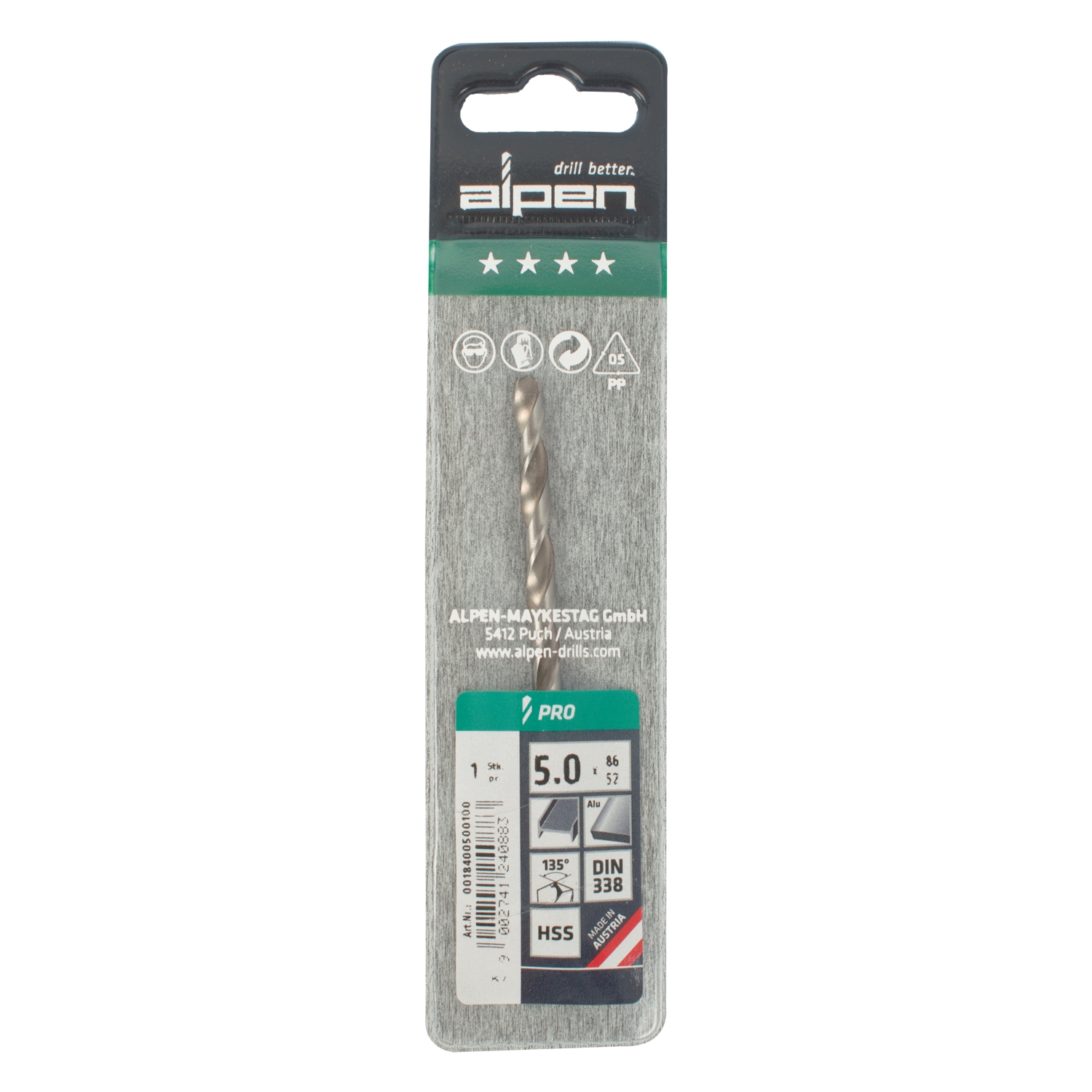 ALPEN Pro Hss 5mm Drill Din 338 Rn 135 Split Point Plastic Wallet (1