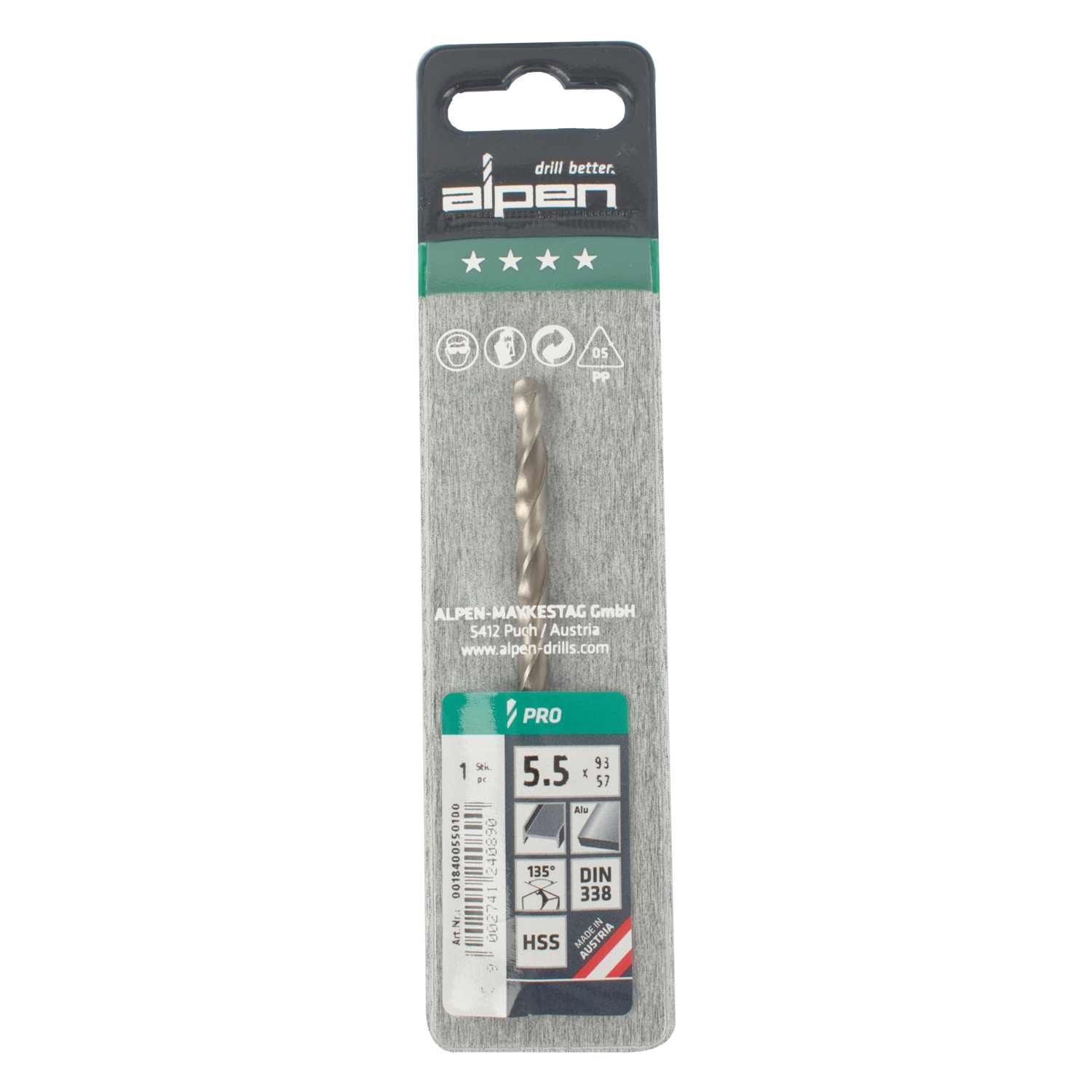 ALPEN Pro Hss 5.5mm Drill Din 338 Rn 135 Split Point Plastic Wallet (