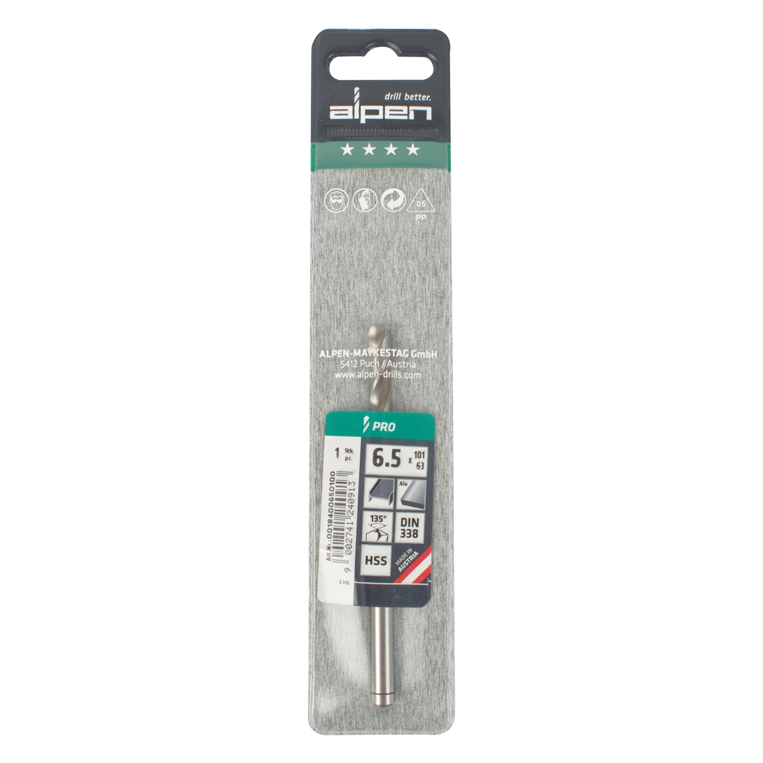ALPEN Pro Hss 6.5mm Drill Din 338 Rn 135 Split Point Plastic Wallet