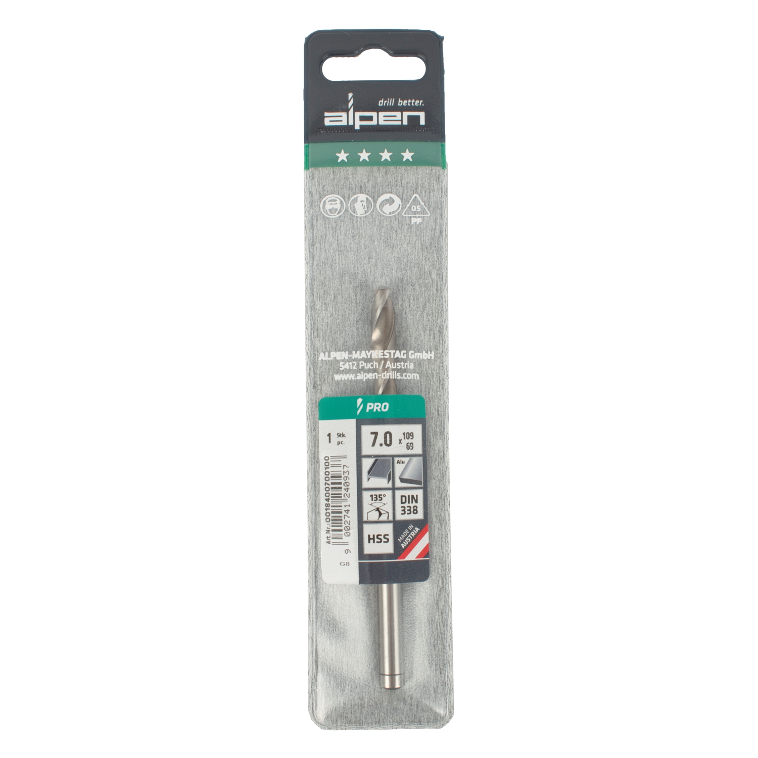 ALPEN Pro Hss 7mm Drill Din 338 Rn 135 Split Point Plastic Wallet
