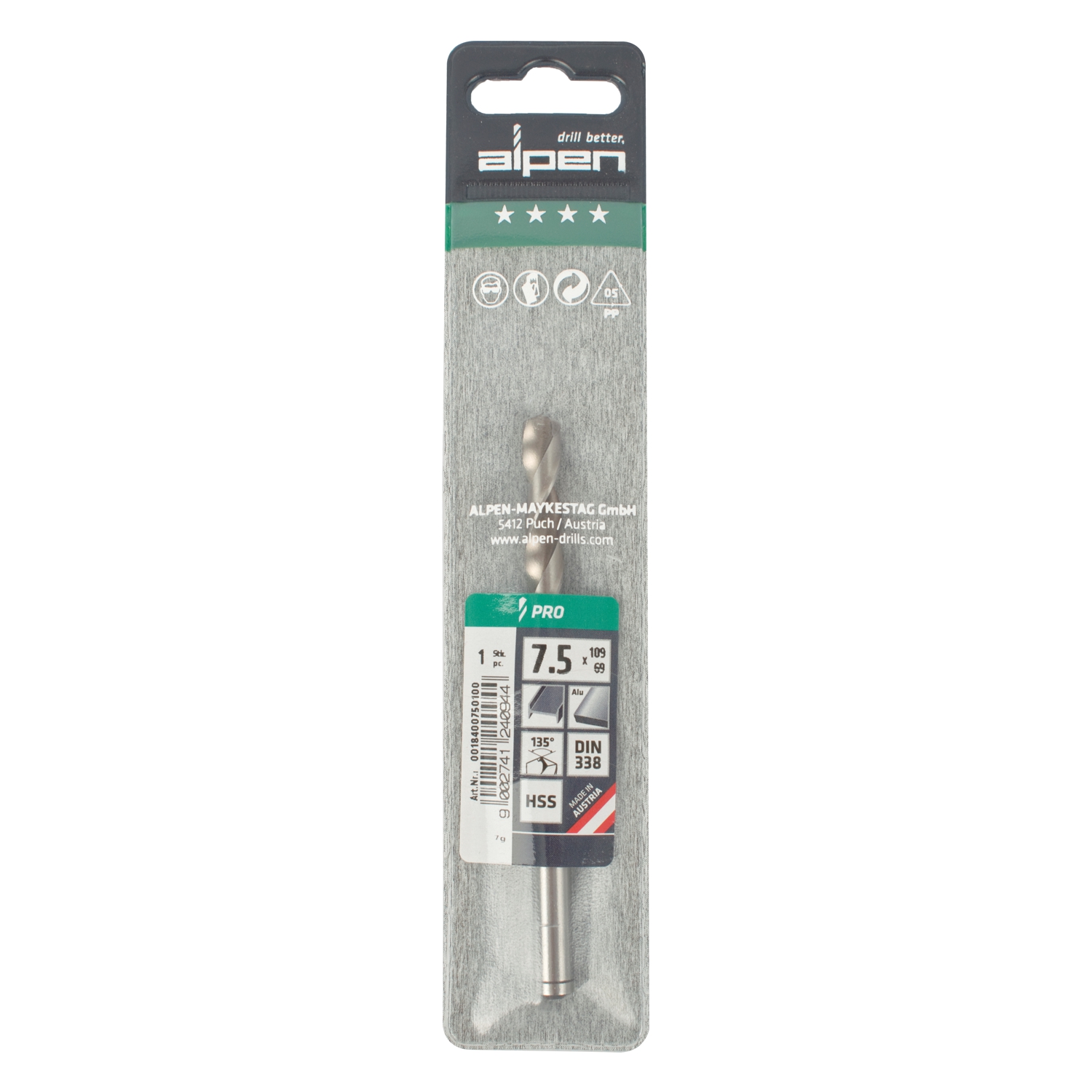 ALPEN Pro Hss 7.5mm Drill Din 338 Rn 135 Split Point Plastic Wallet