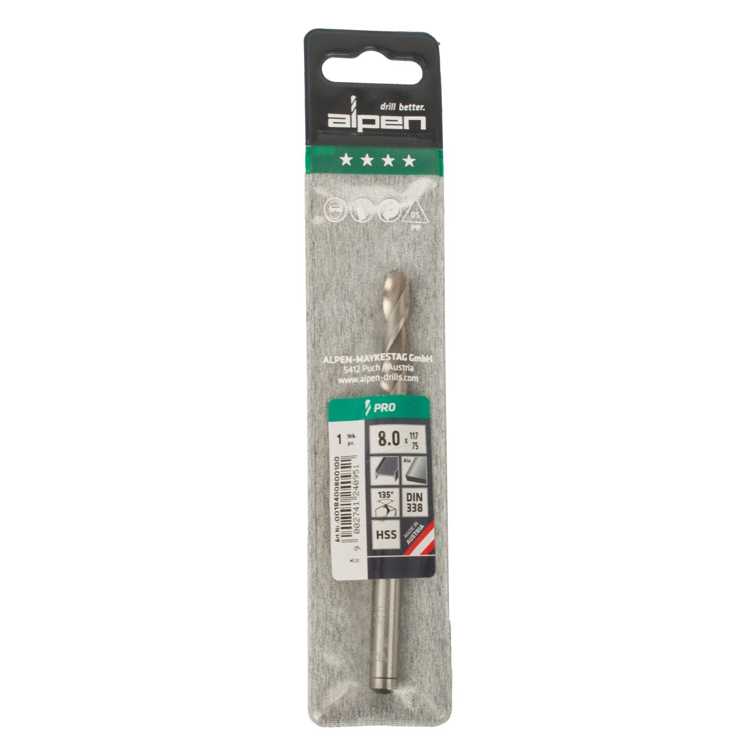 ALPEN Pro Hss 8mm Drill Din 338 Rn 135 Split Point Plastic Wallet