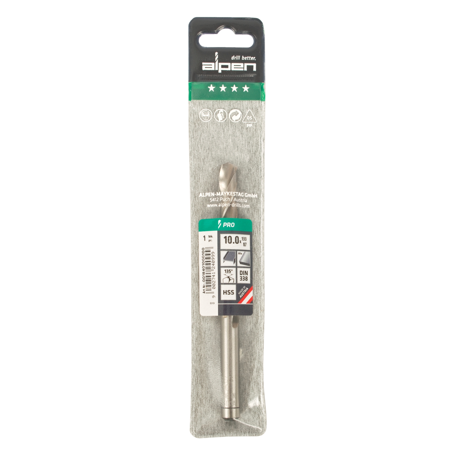 ALPEN Pro Hss 10mm Drill Din 338 Rn 135 Split Point Plastic Wallet