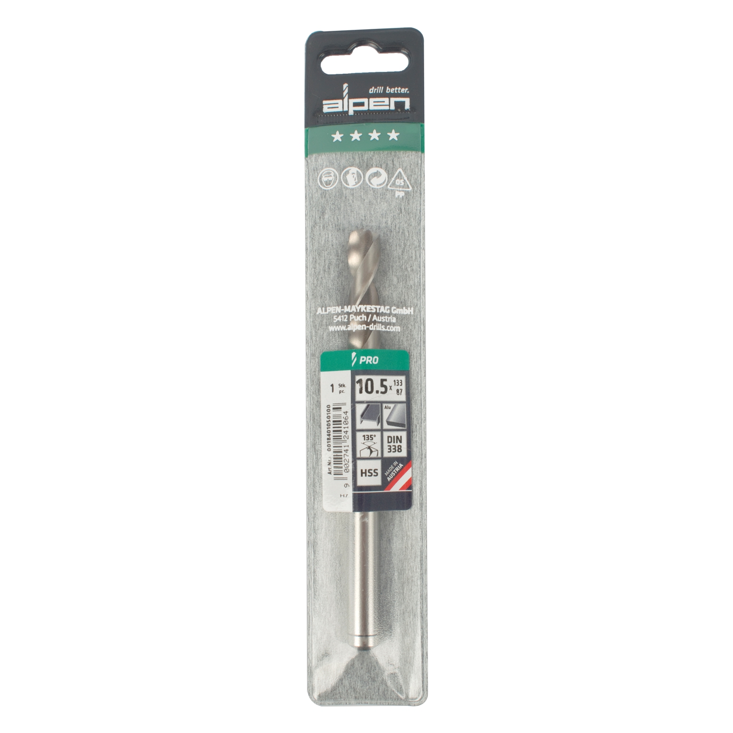 ALPEN Pro Hss 10.5mm Drill Din 338 Rn 135 Split Point Plastic Wallet