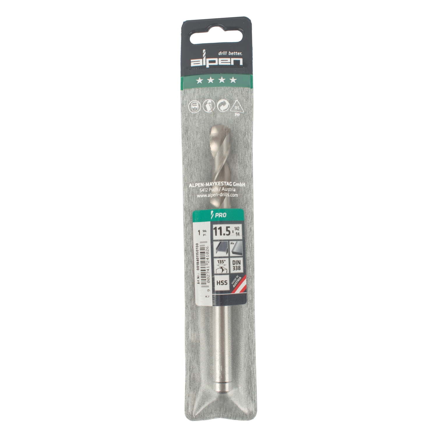 ALPEN Pro Hss 11.5mm Drill Din 338 Rn 135 Split Point Plastic Wallet