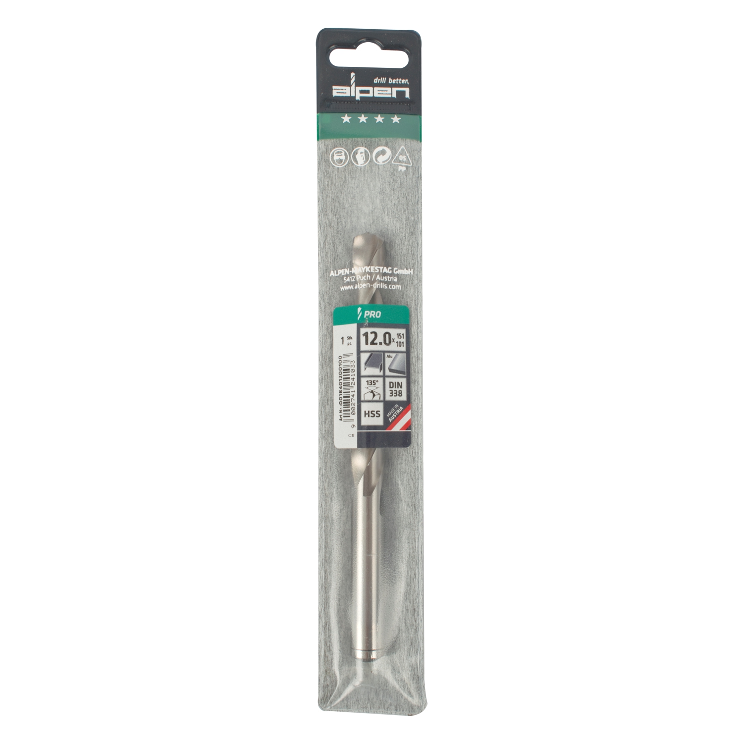 ALPEN Pro Hss 12mm Drill Din 338 Rn 135 Split Point Plastic Wallet