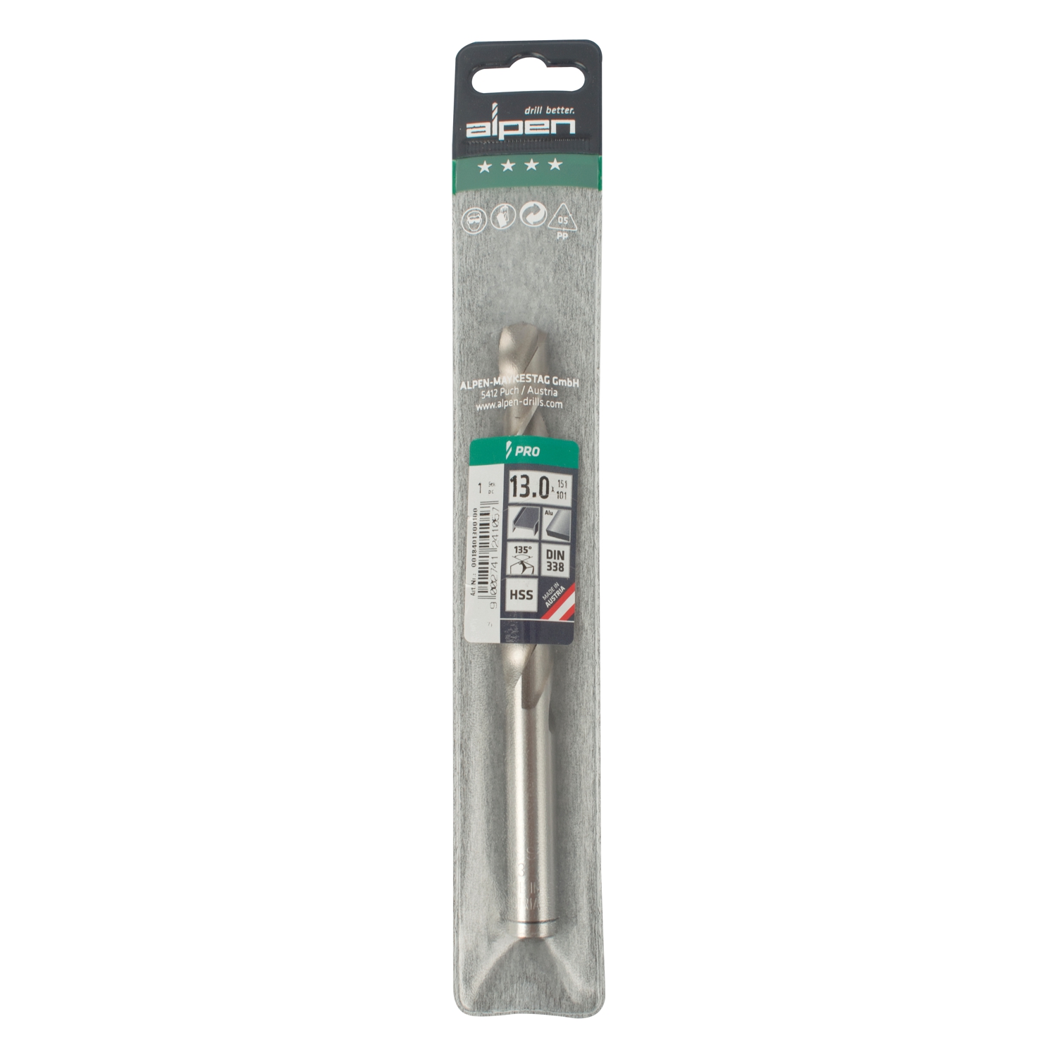 ALPEN Pro Hss 13mm Drill Din 338 Rn 135 Split Point Plastic Wallet