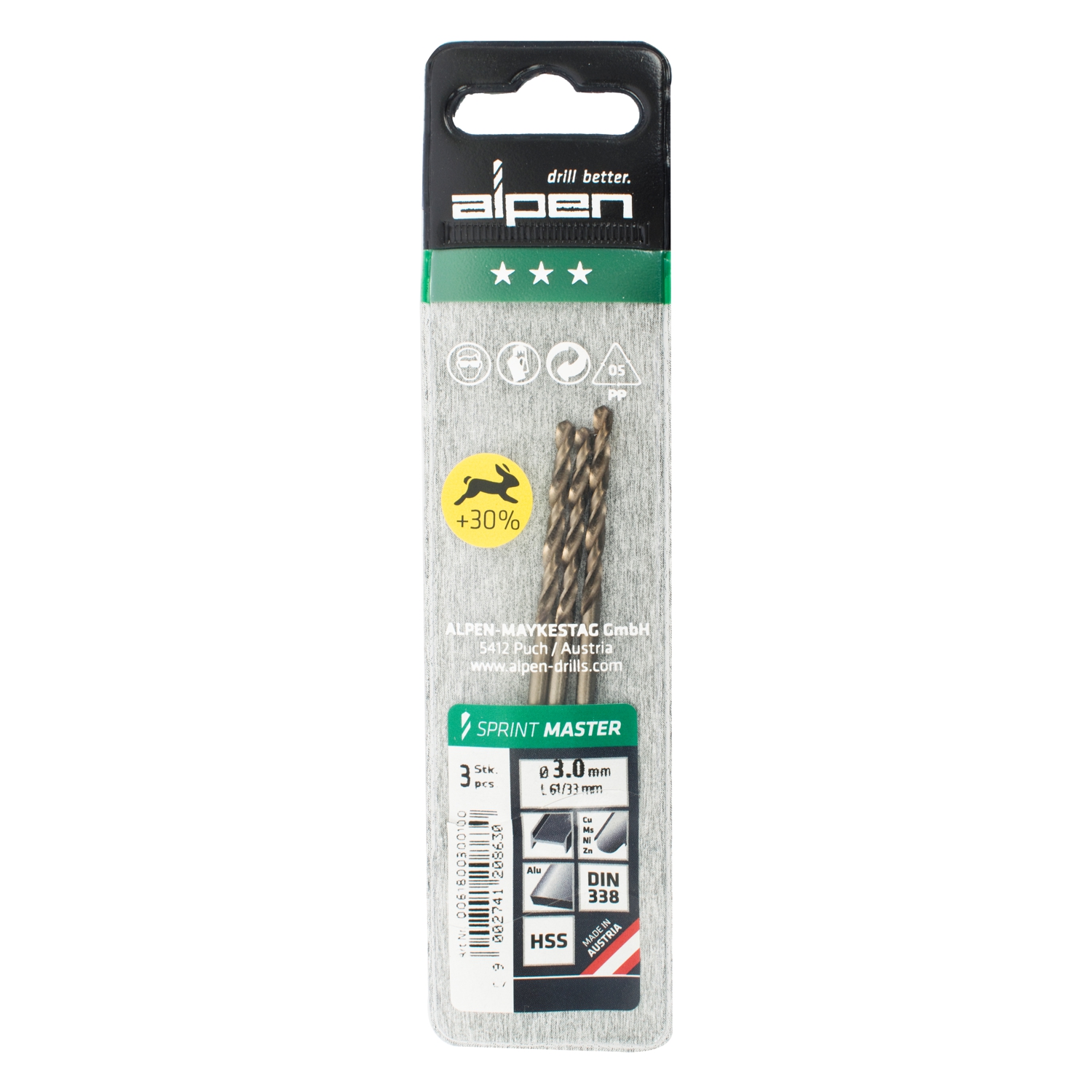 Hss Sprint Master 3.0mm X3 Sleeved Din338 ALPEN Drill Bit
