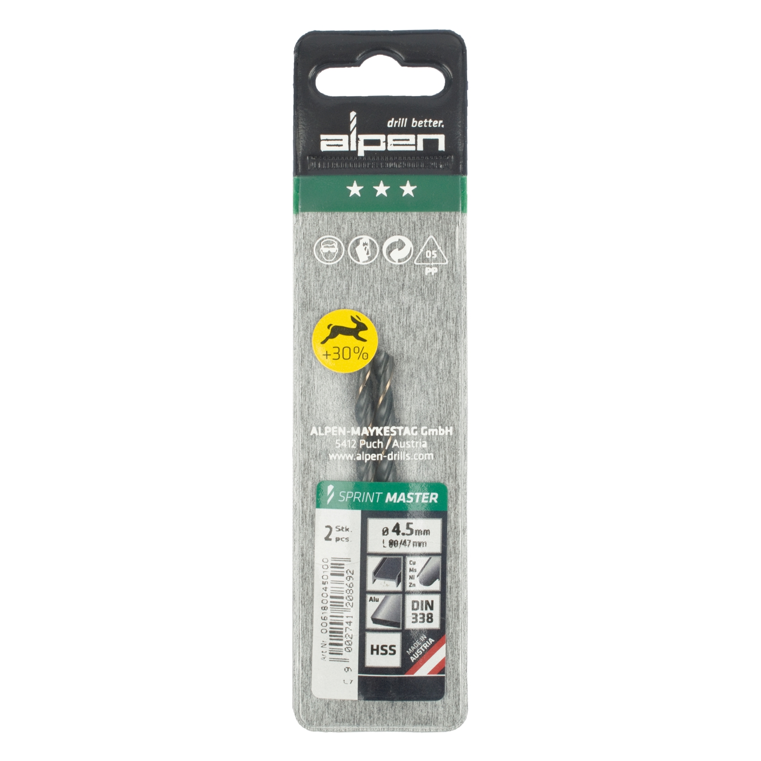 Hss Sprint Master 4.5mm X2 Sleeved Din338 ALPEN Drill Bit