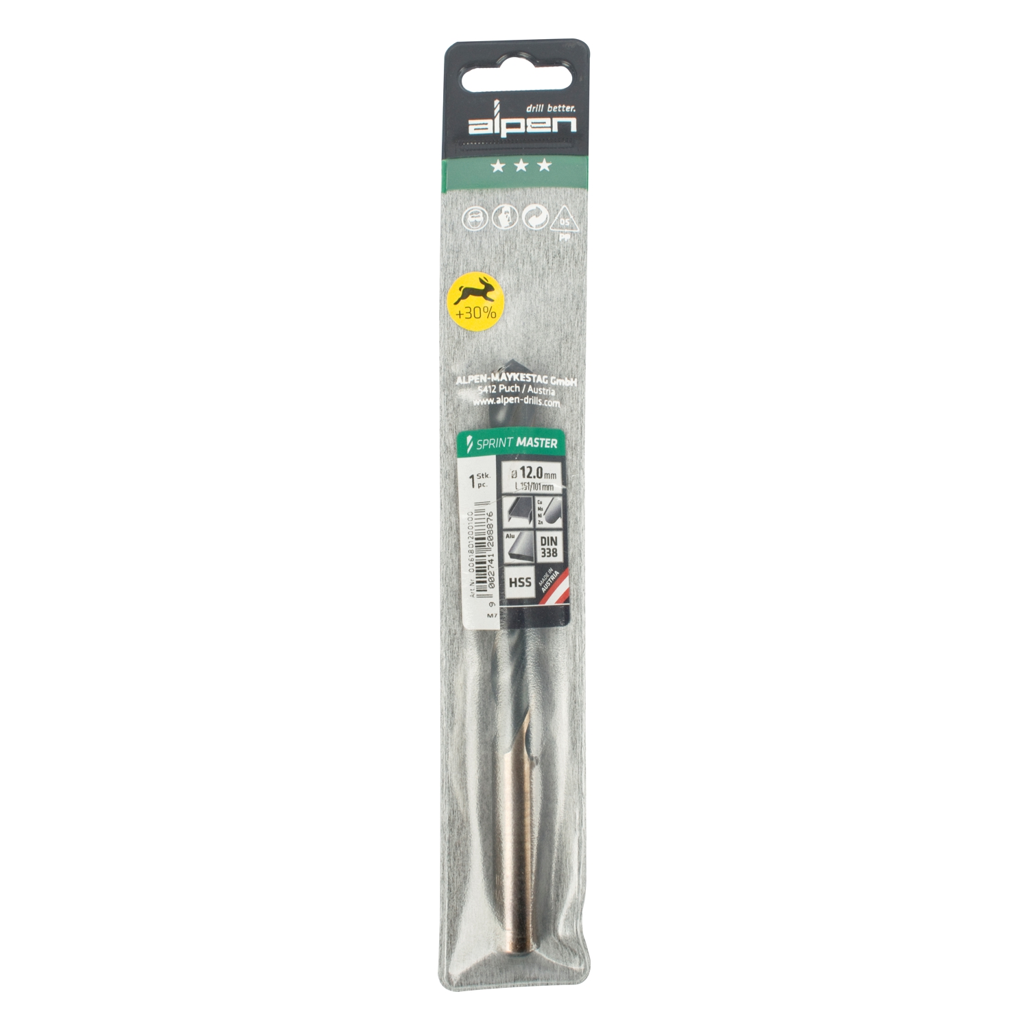 Hss Sprint Master 12.0mm X1 Sleeved Din338 ALPEN Drill Bit