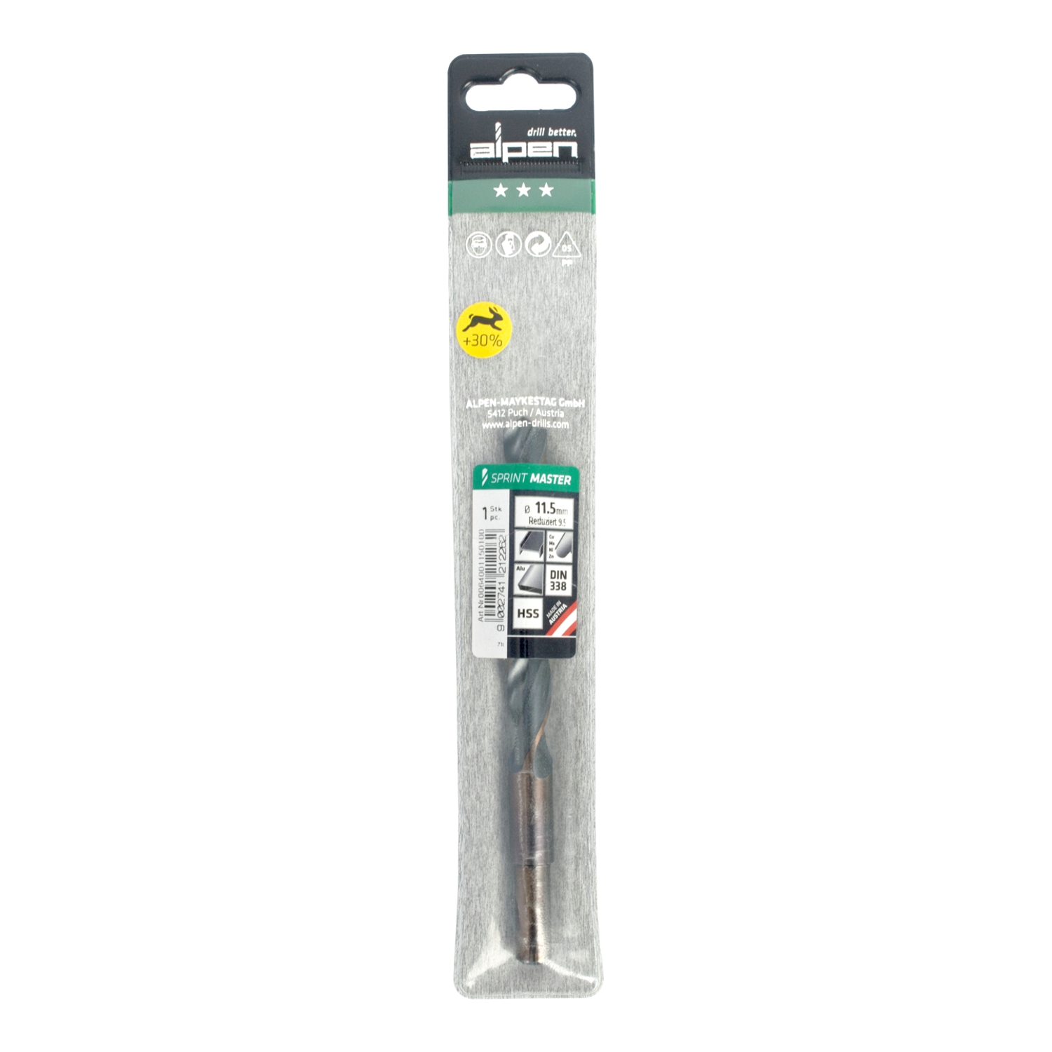 Hss Sprint Master 11.5mm Red Shank 9.5mm X1 Sleeved Din338 ALPEN Drill