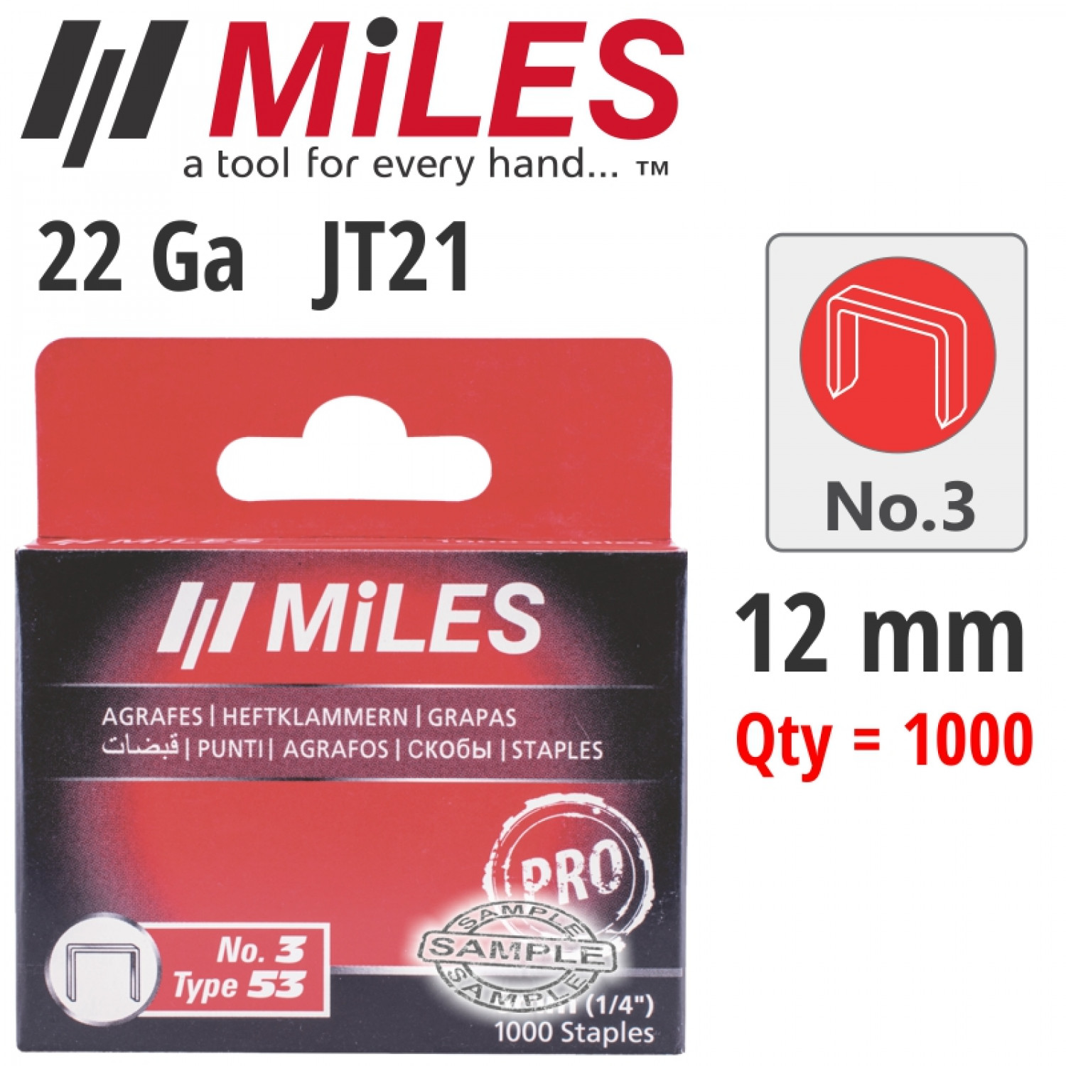 Galv Staples 22g Jt21 12mm X 1000pcs MILES No3