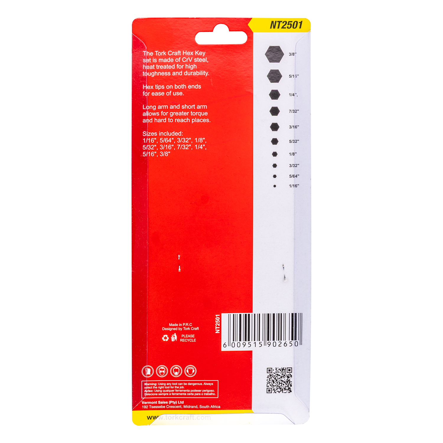10pc Hex L-wrench Set Imperial 1/16,5/64, 3/32,1/8,5/32,3/16,7/32,1/4