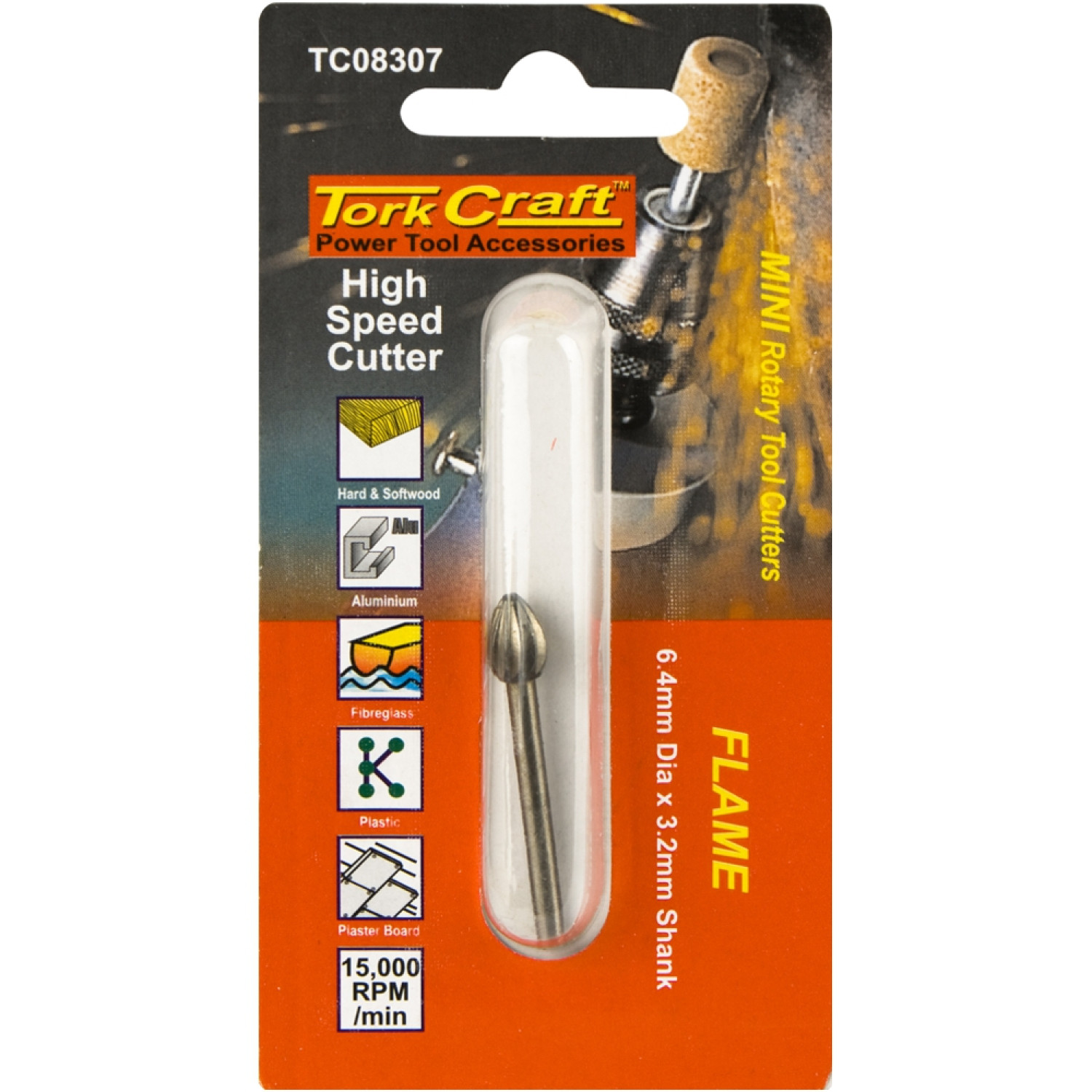 Mini H/speed Cutter 6.4mm Flame 3.2mm Shank